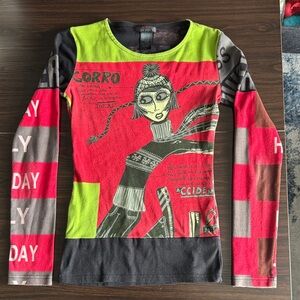 Custo Barcelona Multicolor Graphic Knit Top in Red, Lime & Charcoal